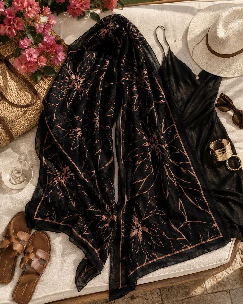Black Velvet Burnout Floral Shawl Sheer Wrap Boho Evening Scarf 42x42 - Picture 1 of 5